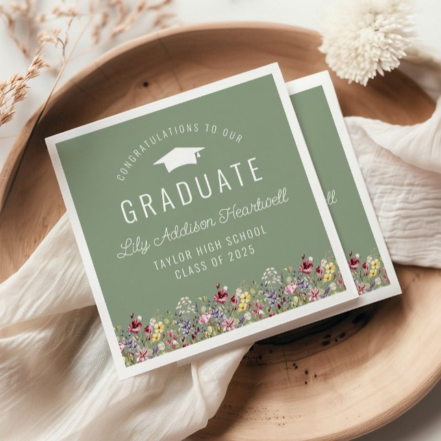 Servilleta De Papel Boho Watercolor Wildflowers Green Graduation Party (Subido por el creador)
