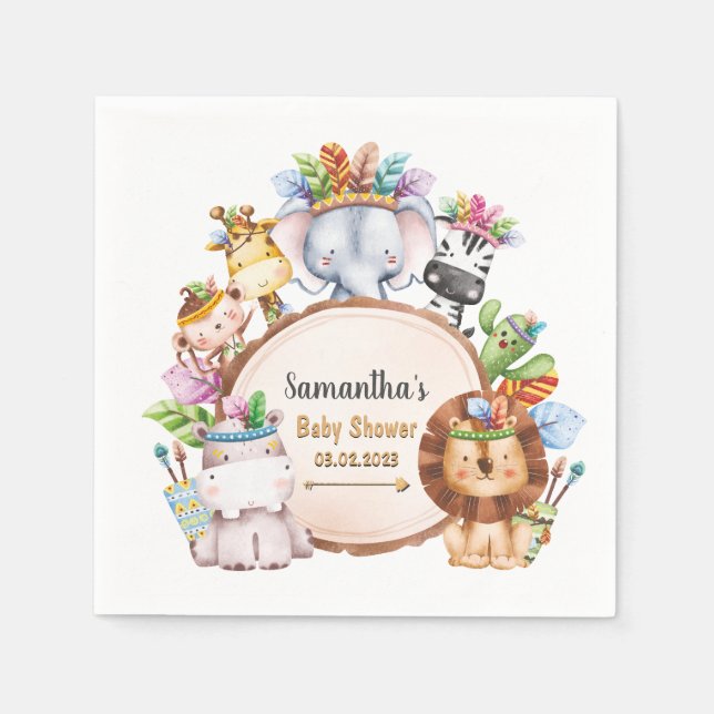 Servilleta De Papel Boho Wild Giraffe Elephant Baby Shower (Anverso)