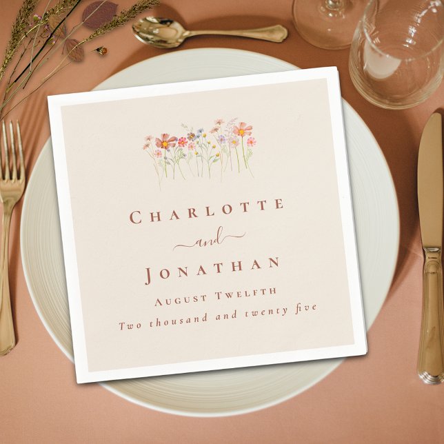 Servilleta De Papel Boho Wildflower Tan Beige Terracotta Wedding (Boho Wildflower floral tan beige terracotta Wedding custom napkins Watercolor meadow flowers elegant)
