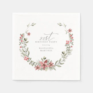 Servilleta De Papel Boho Winter Greenery Red Floral 21 cumpleaños