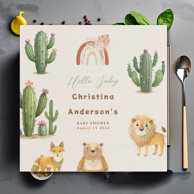 Servilleta De Papel Boho Woodland Bear Leon Fox Cactus Baby Shower (Subido por el creador)