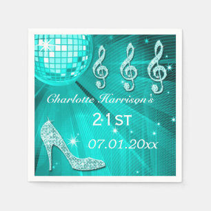 Servilleta De Papel Bola de Disco Azul Teal y Tacones con Brillo 21st