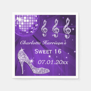 Servilleta De Papel Bola de Disco Morado y Tacones de Brillo Sweet 16