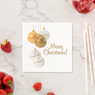 Servilleta De Papel Bolas de Navidad doradas y blancas con texto perso