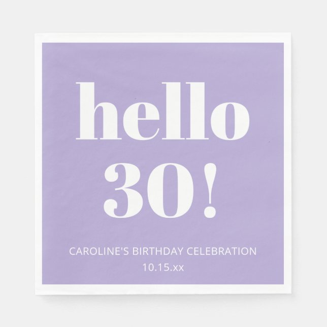 Servilleta De Papel Bold Modern Lavender Purple 30th Birthday Party (Anverso)