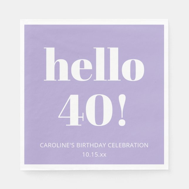 Servilleta De Papel Bold Modern Lavender Purple 40th Birthday Party (Anverso)