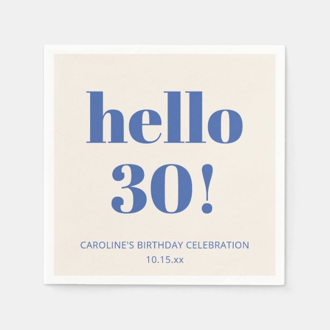 Servilleta De Papel Bold Typography Ivory Blue Modern 30th Birthday  (Anverso)