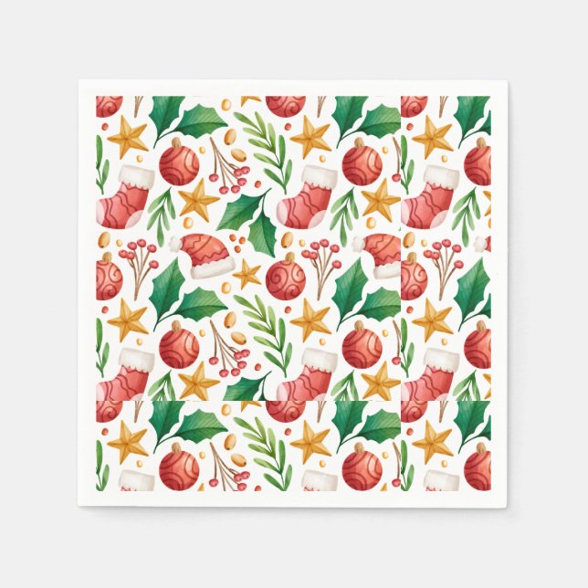 Servilleta De Papel Bombillas rojas, piezas de poinsettia y nuez de na (Anverso)