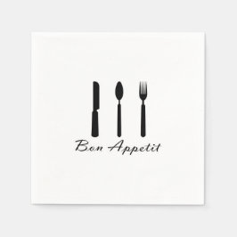 Servilleta De Papel Bon Appetit Black en la horquilla blanca, cuchillo
