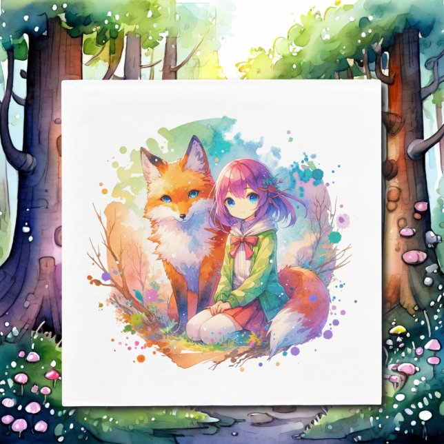Servilleta De Papel Bonito acuarela Anime Chica y cumpleaños Fox (Subido por el creador)