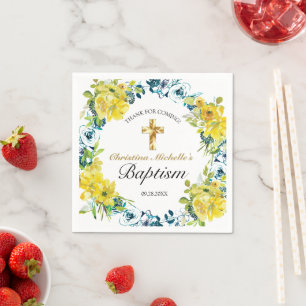 Servilleta De Papel Bonito Amarillo Floral Oro Cruz Baptismo Recepción