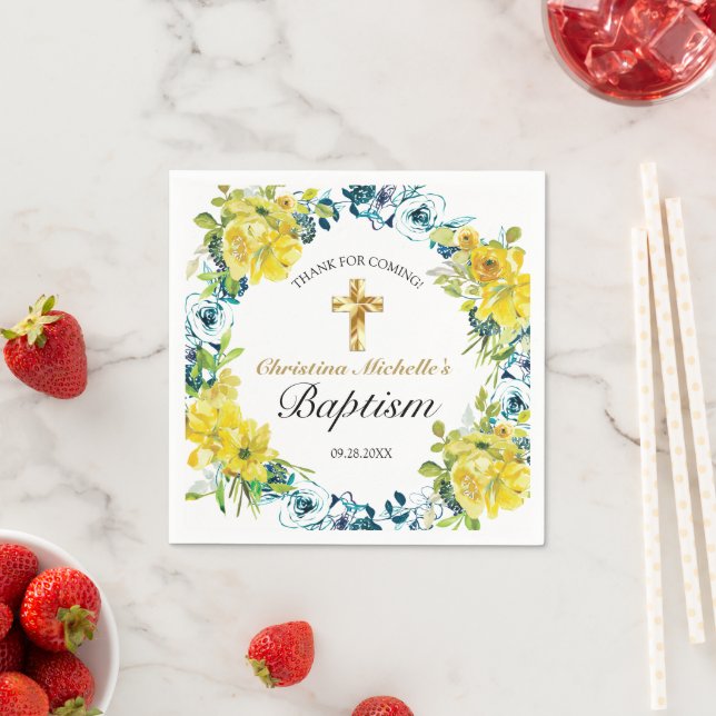 Servilleta De Papel Bonito Amarillo Floral Oro Cruz Baptismo Recepción (In situ)