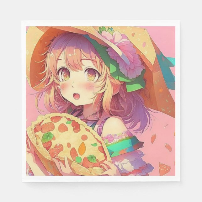 Servilleta De Papel Bonito Anime Chica llevando una pizza (Anverso)