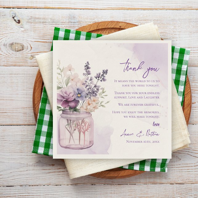 Servilleta De Papel Bonito Boda morado floral Gracias mensaje (Pretty Purple Floral Wedding Thank you Message Napkins)