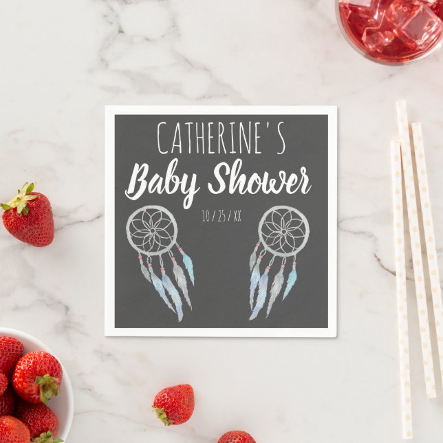 Servilleta De Papel Bonito Boho Blue Gray Dreamcatcher Baby Shower (In situ)