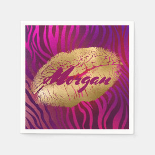 Servilleta De Papel Bonito Fuchsia Tiger Striers Gold Lipstick Print