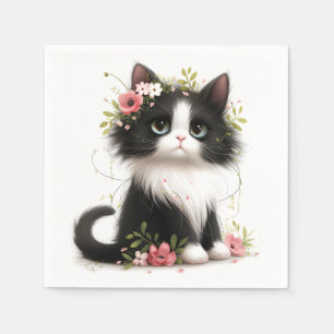 Servilleta De Papel Bonito gatito de Tuxedo con flores