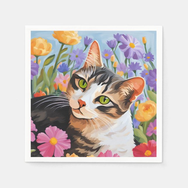 Servilleta De Papel Bonito gato con flores (Anverso)