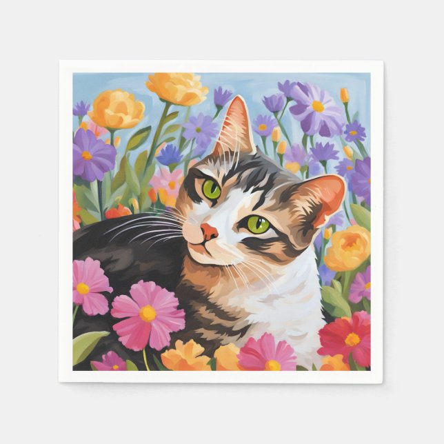 Servilleta De Papel Bonito gato con flores (Anverso)
