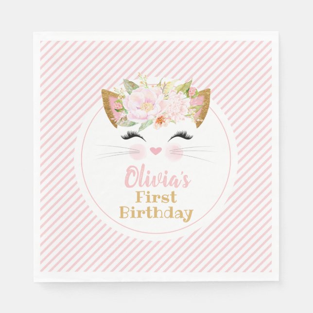 Servilleta De Papel BONITO KITTY Chica rosado y dorado Cumpleaños (Anverso)