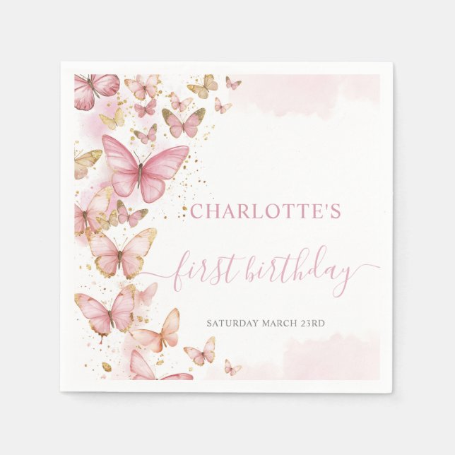 Servilleta De Papel Bonito Mariposas Rosadas 1235 cumpleaños (Anverso)