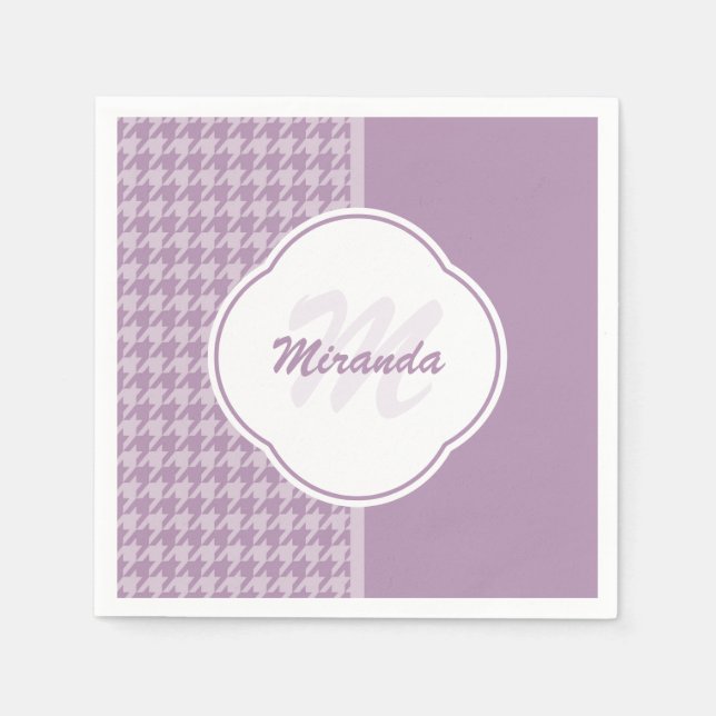 Servilleta De Papel Bonito Pastel Morado Houndstoth Monograma y nombre (Anverso)