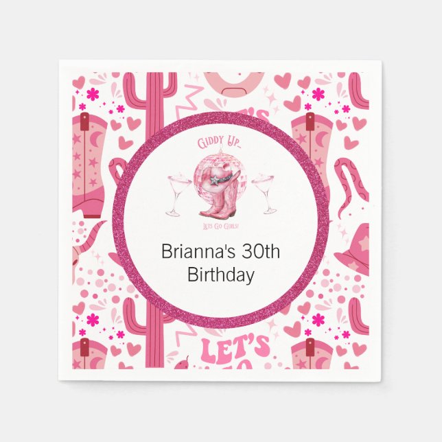 Servilleta De Papel Bonito Rosa y Purpurina Vaquera Cumpleaños (Anverso)