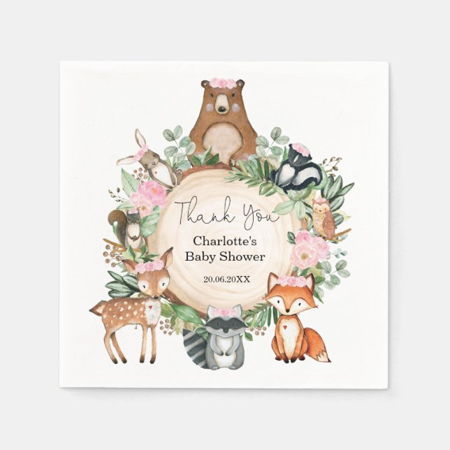 Servilleta De Papel Bonito Woodland Animales Baby Girl Shower Cumpleañ (Anverso)