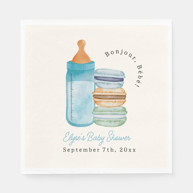 Servilleta De Papel Bonjour Bébé Blue Macarons & Milk Boy Baby Shower (Anverso)