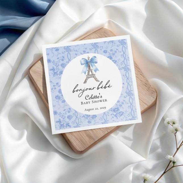 Servilleta De Papel Bonjour Bebe Romantic Blue French Toile (Bonjour Bebe French Eiffel Tower Boy Baby Shower Cocktail Napkin)
