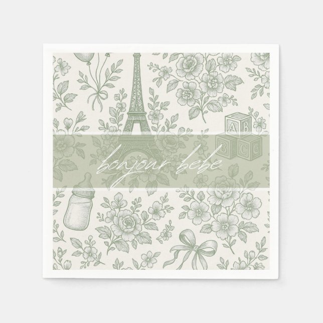 Servilleta De Papel Bonjour Bebe Sage Green Toile Baby Shower francés (Anverso)