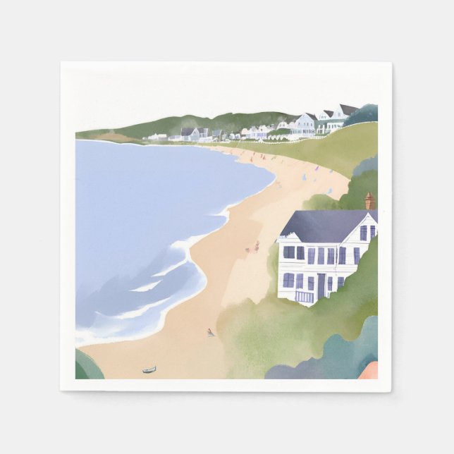 Servilleta De Papel Bonnet Shores | Acuarela de la playa de Rhode Isla (Anverso)