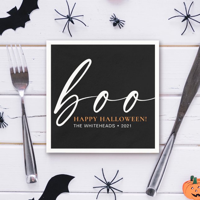 Servilleta De Papel Boo Cute Happy Halloween Black (Simple boo Halloween party design featuring typography in the colors black, white and orange.)