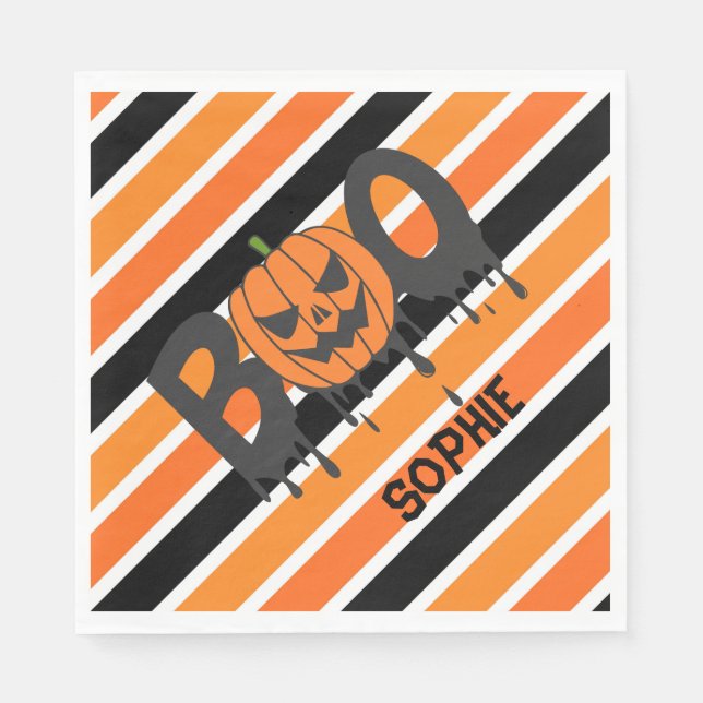 Servilleta De Papel Boo Halloween Naranja y franjas negras (Anverso)