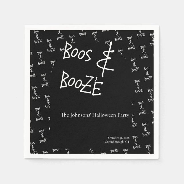 Servilleta De Papel Boos y Booze Halloween Party Black and White (Anverso)