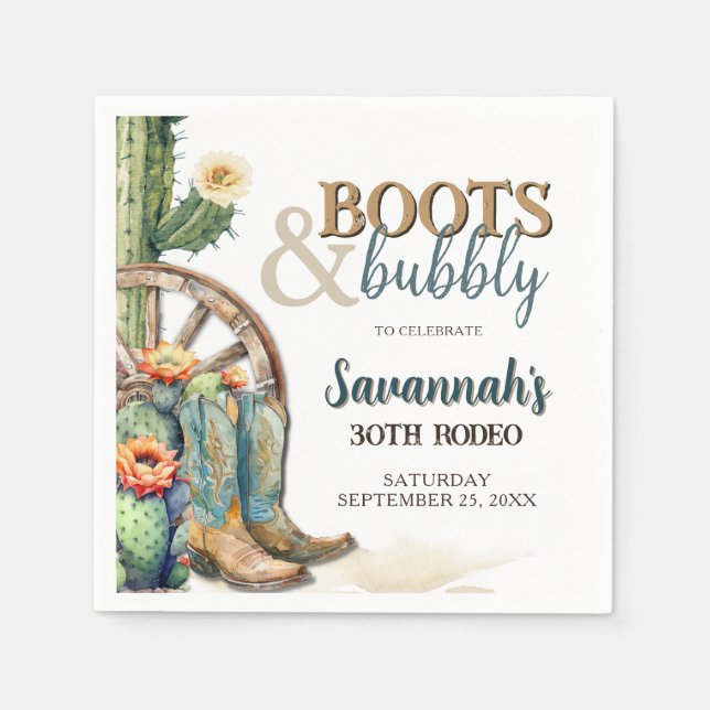Servilleta De Papel Boots and Bubbly Cowgirl Western Rodeo Birday (Anverso)