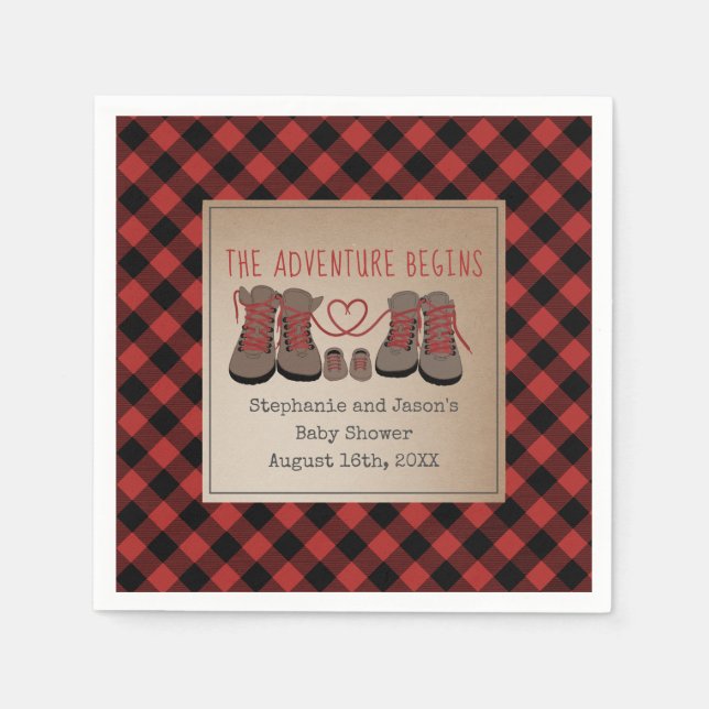Servilleta De Papel Boots de excursión Buffalo Plaid Adventure Baby Sh (Anverso)