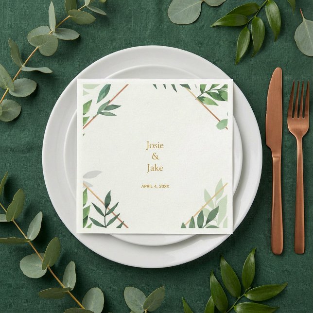 Servilleta De Papel Borde dorado, hojas verdes nombres Bodas, recepció (Gold border, green leaves Wedding names, reception Napkins.)