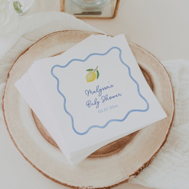 Servilleta De Papel Borde Ondulado Azul Claro Limones Dulce Fiesta de  (Squiggle border Mediterranean boy baby shower napkin design with watercolor lemon)