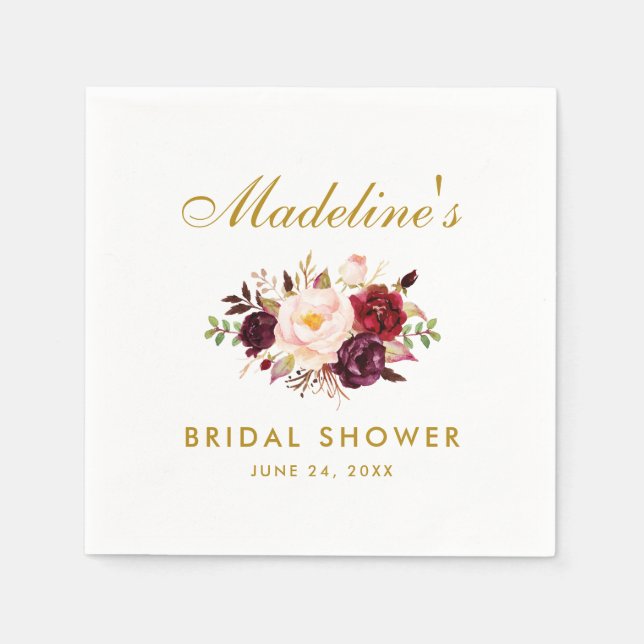 Servilleta De Papel Borgoña acuarela Floral Gold Bridal Ducha (Anverso)