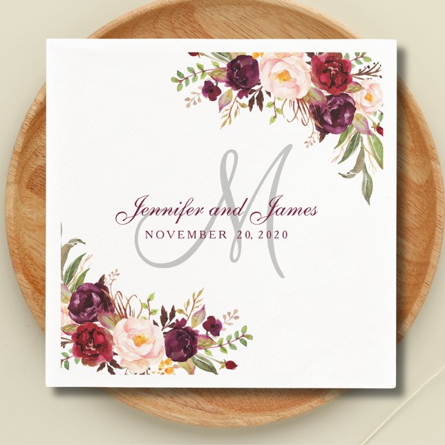 Servilleta De Papel Borgoña Boda rústico elegante monograma floral (Subido por el creador)