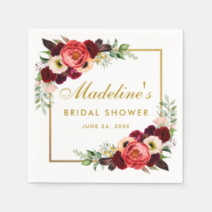 Servilleta De Papel Borgoña Floral Gold Boho Bridal Shower