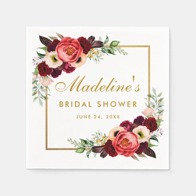 Servilleta De Papel Borgoña Floral Gold Boho Bridal Shower (Anverso)