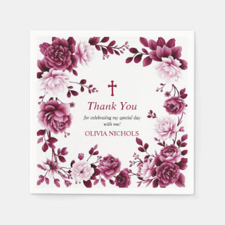 Servilleta De Papel Borgoña marco floral chica Bautismo Gracias