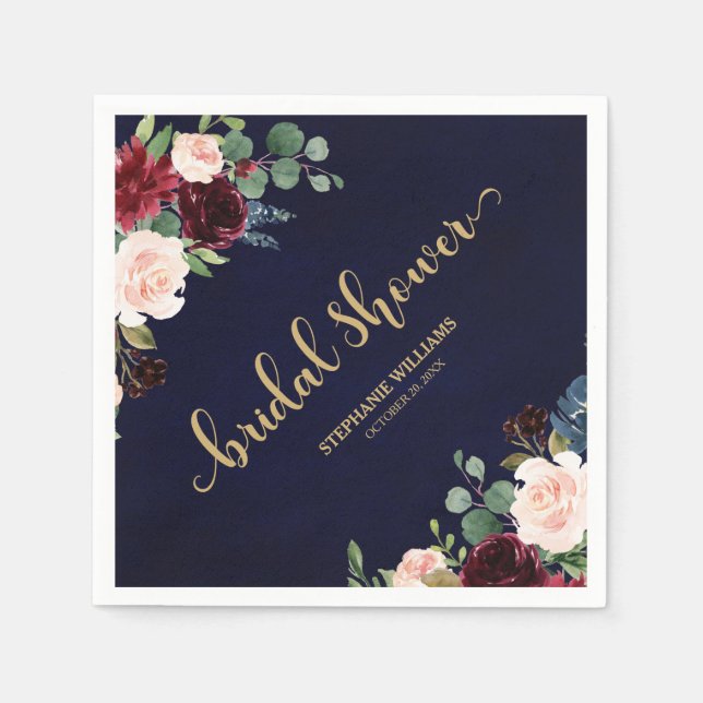 Servilleta De Papel Borgoña Marsala Red Naval Floral Bridal Shower (Anverso)