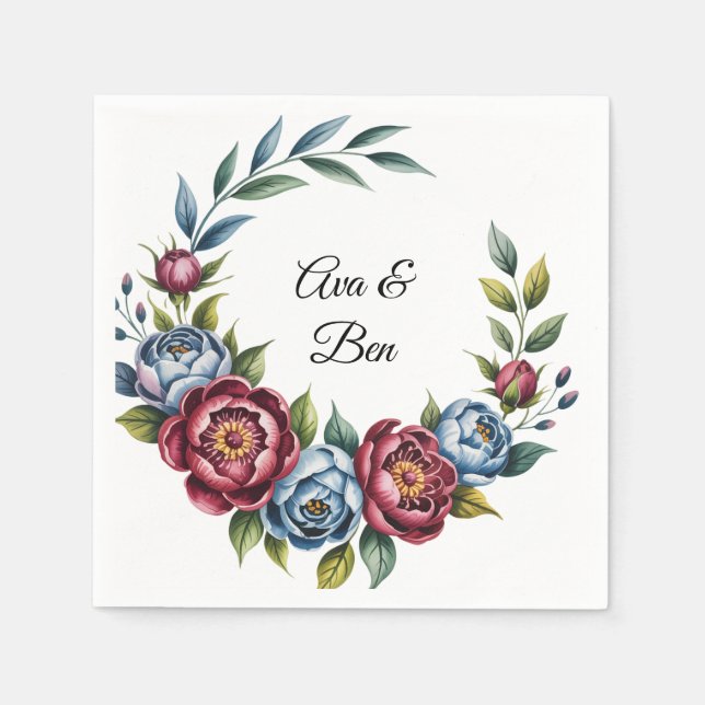 Servilleta De Papel Borgoña Peony y Rosa azul Boda (Anverso)