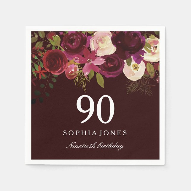 Servilleta De Papel Borgoña Profunda Floral Boho 90 cumpleaños (Anverso)
