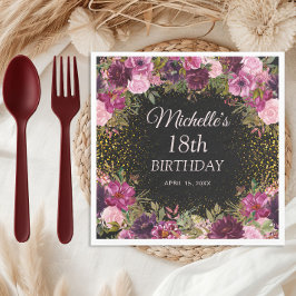 Servilleta De Papel Borgoña Purpurina floral rosa negro 18 cumpleaños