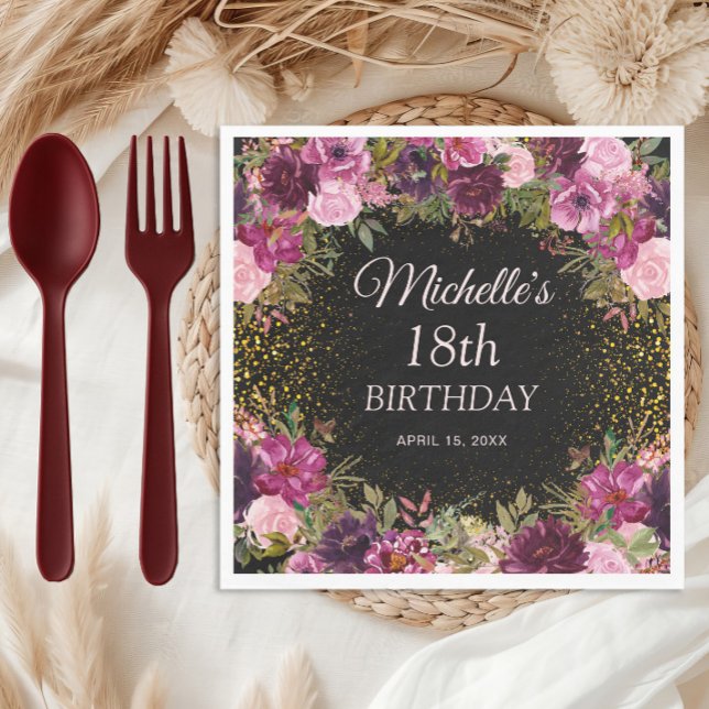 Servilleta De Papel Borgoña Purpurina floral rosa negro 18 cumpleaños (Pink and burgundy watercolor floral on black custom birthday party paper napkins)