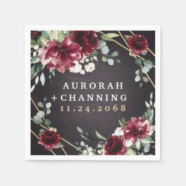 Servilleta De Papel Borgoña Red Negro y Gold Floral Elegante Boda